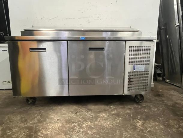 RANDELL 8268N-290-PCB 68" refrigerated pizza prep table, stainless steel, two-section, two doors, 17.76 cu. ft., on casters.