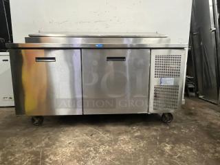 RANDELL 8268N-290-PCB 68" refrigerated pizza prep table, stainless steel, two-section, two doors, 17.76 cu. ft., on casters.