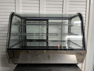 SWEET YUKON RTW-160 countertop refrigerated display case with curved glass, dual shelves, and YUKON branding.