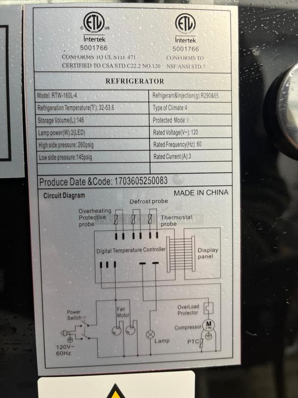 YUKON RTW-160 refrigerated display case label. Specs: climate 4, 32-53.6°F, 146L storage, 120V, LED lights, R290 gas.