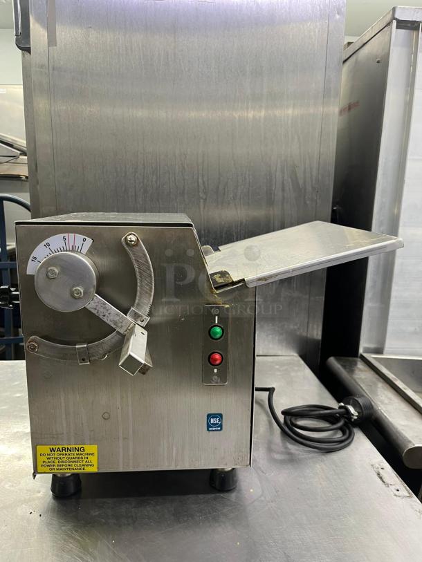 SOMERSET CDR-100 10" countertop dough sheeter, 120V, 1/4 HP, stainless steel, NSF certified, visible controls and warning label.