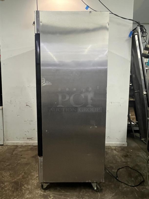 NORTH AMERICAN Precision Series double glass door merchandiser freezer, Model A2GDF, stainless steel, on casters, fair condition.
