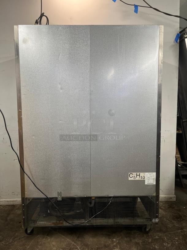 NORTH AMERICAN PRECISION SERIES Double Glass Door Merchandiser Freezer, Model A2GDF, features stainless steel finish, on wheels.