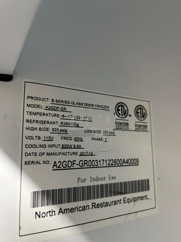 NORTH AMERICAN Precision Series double glass door merchandiser freezer, model A2GDF, indoor use, 2017 manufacture.