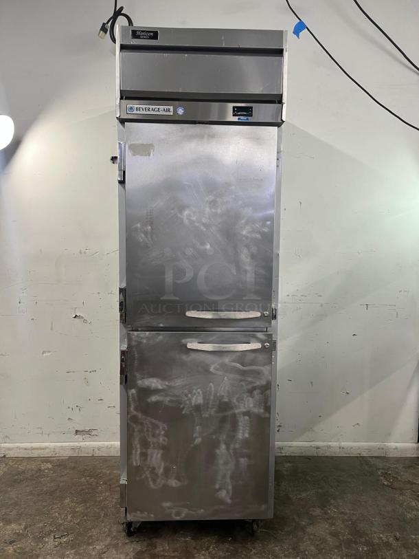 ATOSA MSF8307GR 60" double door prep table, visible minor wear, includes beverage air and Horizon labels, on casters.