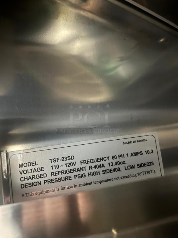 TURBO AIR TSF-23SD-N freezer label, showing model TSF-23SD, voltage 110-120V, made in Korea.