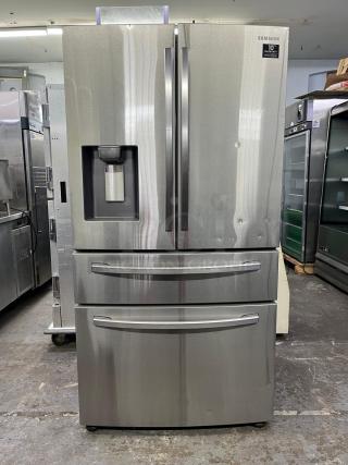Brand new open box 36" Samsung French Door Refrigerator, model RF28R7201SR, with water dispenser and warranty label.