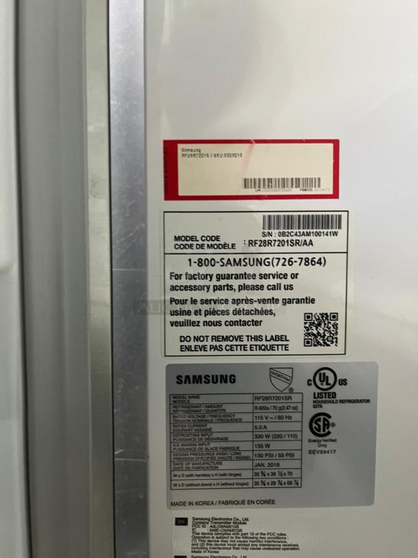 Samsung 36" French Door Refrigerator RF28R7201SR, new open box. Manufacturer labels show model and service info.