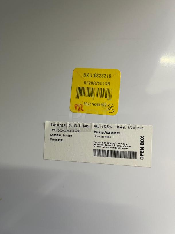 Brand new Samsung 36" French Door Refrigerator RF28R7201SR, open box condition with missing documentation. SKU 6323216.