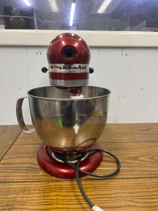 KitchenAid Artisan 5 Qt Tilt-Head Stand Mixer, model KSM150PS, in Empire Red. Visible wear, includes stainless steel mixing bowl.