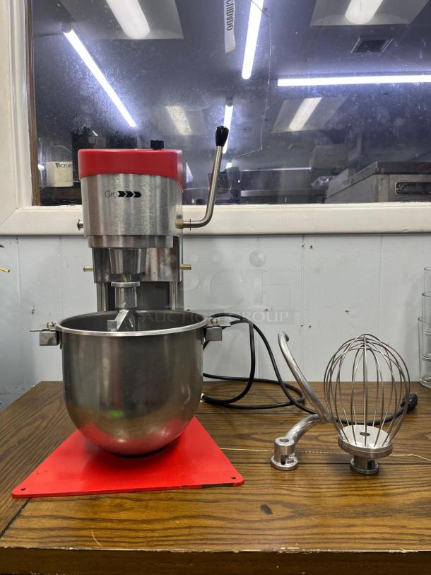SAMMIC BM-5E planetary mixer, stainless steel with red accents, includes a mixing bowl and attachments, in good condition.