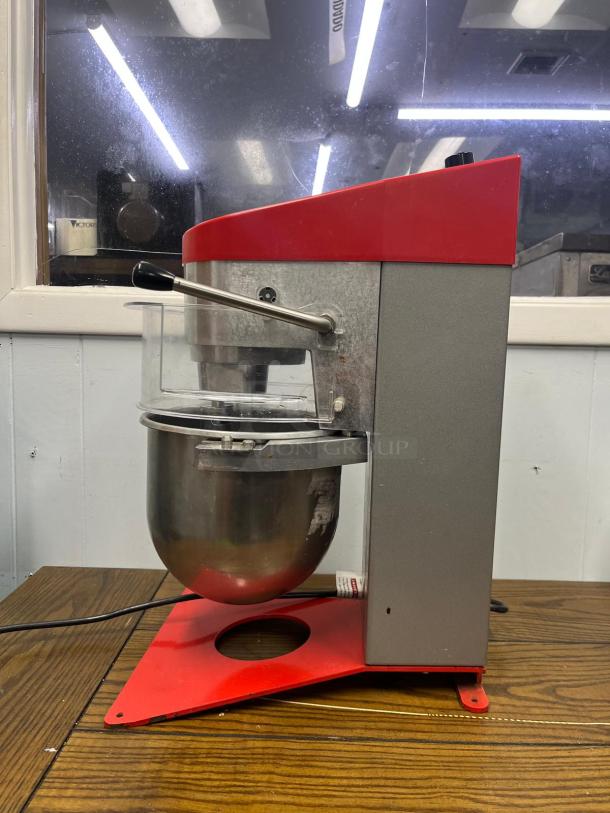 Sammic BM-5E Planetary Mixer, red and silver finish, stainless steel bowl, side view, used condition.