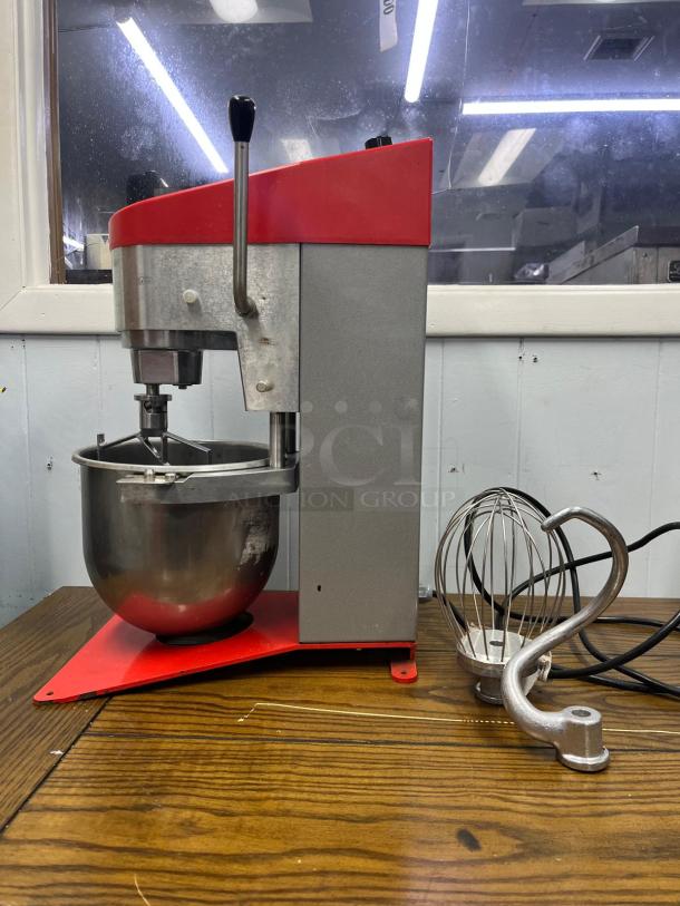 SAMMIC BM-5E planetary mixer with stainless steel bowl, whisk, and dough hook. Red and gray finish, appears in good condition.