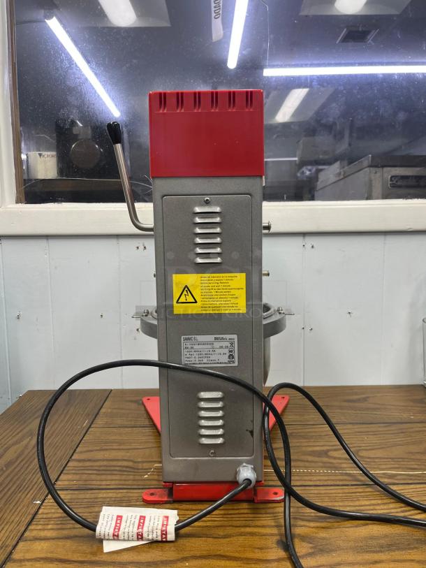 SAMMIC BM-5E planetary mixer, metal body with red accents, visible electrical label and warning sticker, good condition.