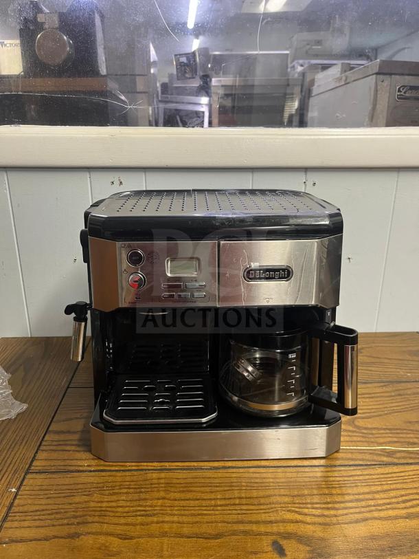 DELONGHI BCO430 combination pump espresso and 10-cup drip coffee machine, silver and black, with frothing wand, in used condition.