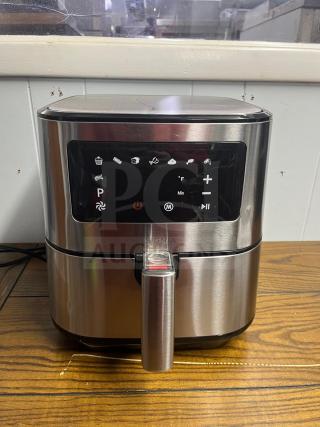 Insignia™ 5 Qt. Digital Air Fryer in stainless steel, model AIR FRYER, features digital controls, excellent condition.
