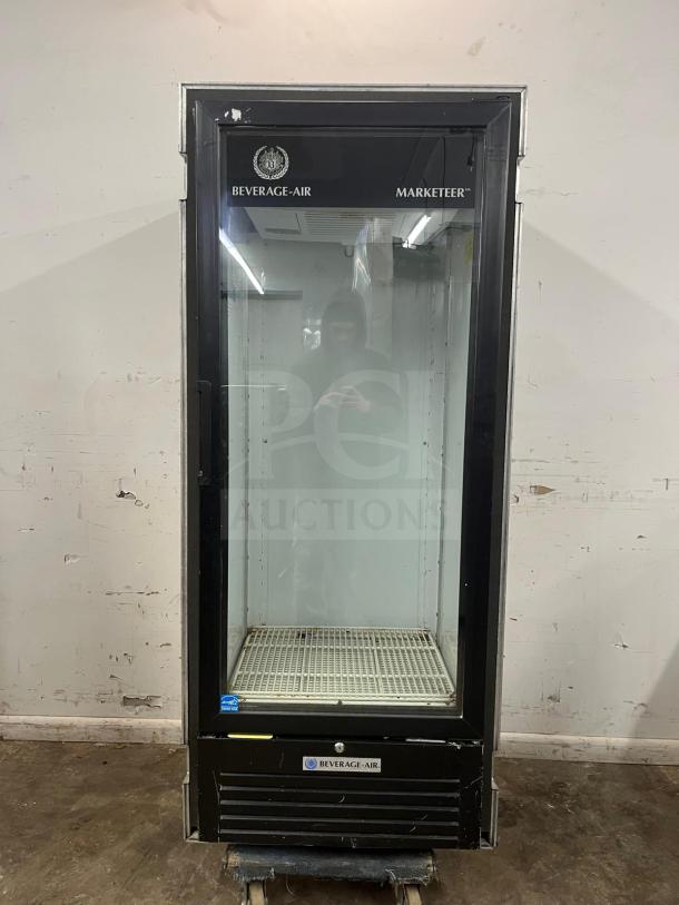 BEVERAGE-AIR MT12-1B black refrigerated glass door merchandiser, LED lighting, intact glass, minor wear, with shipping box.