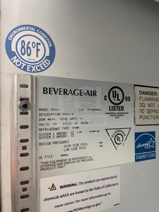 BEVERAGE-AIR MT12-1B glass door merchandiser label, showing UL listing, energy efficiency, and refrigerant details.