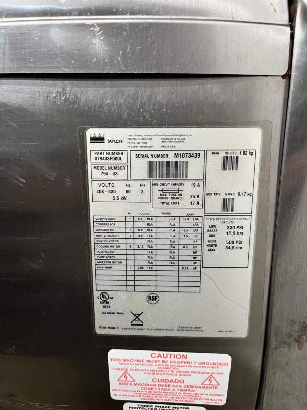 TAYLOR 794-33 soft serve ice cream machine, serial M1073439, 3 phase, 208-230 volts, 5.5 kW, steel casing, NSF certified.