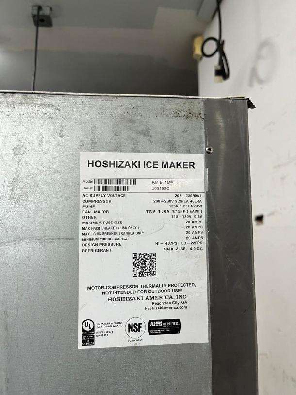 Hoshizaki KM-901MAJ ice machine label, stainless steel finish, 950 lb. daily production, 500 lb. storage, indoor use.