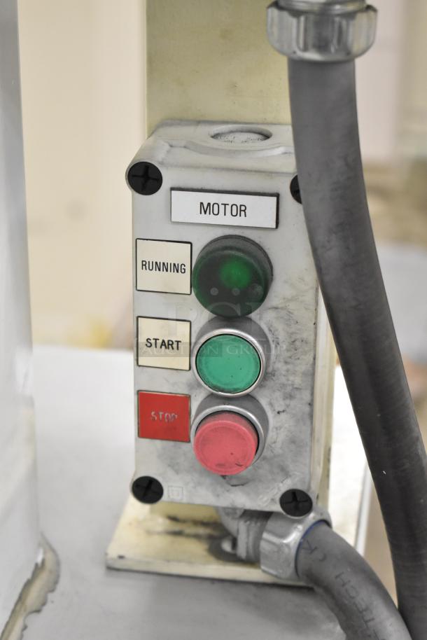 Baldor enclosed suction polishing machine control panel with start, stop, and running buttons. 208-230/460V, 3 phase.