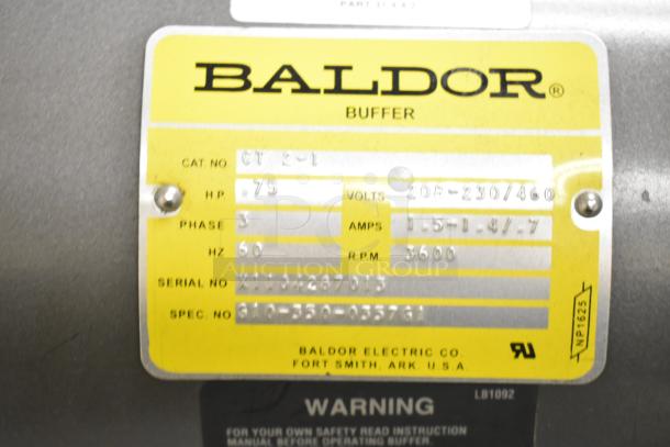 Baldor enclosed suction polishing machine label showing specs: 208-230/460 volts, 3 phase, 0.75 HP, 3600 RPM.