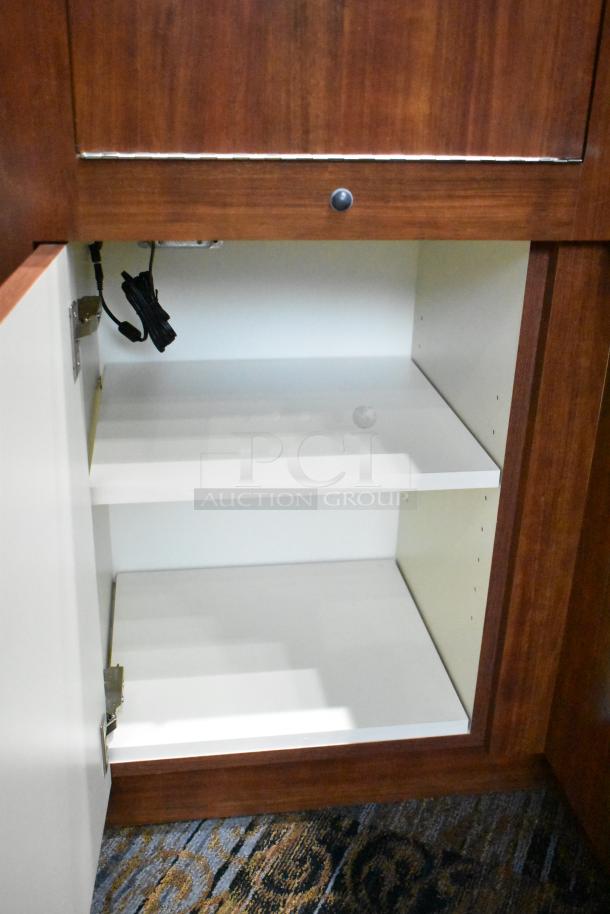 Wooden corner jewelry display case with white interior shelves, open cabinet door, and wire for lighting. Excellent condition.