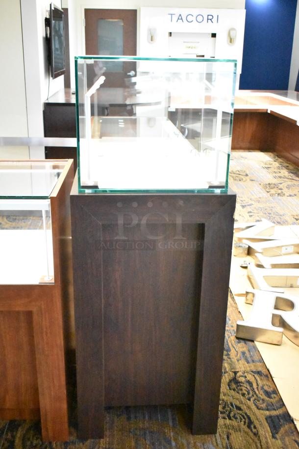 Wooden corner-style jewelry display case, glass top, no key, rich wood finish, suitable for retail settings.