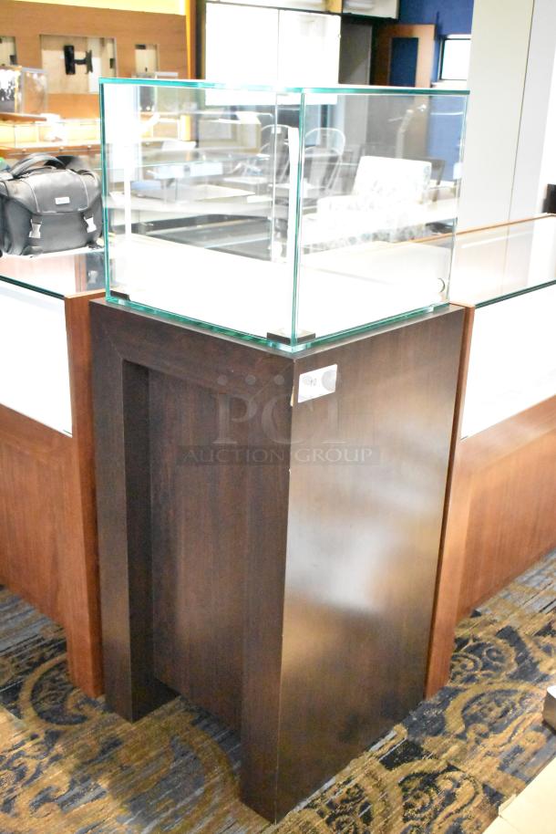 Wooden corner-style jewelry display case with glass top, no key, used condition; ideal for store merchandising.