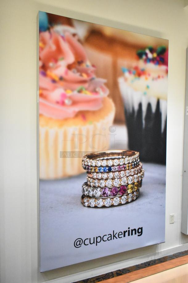 Wall-mounted SEG Systems LB-EDG-6D-W6-24 lighted picture frame, 110-277V, displaying colorful cupcake image.