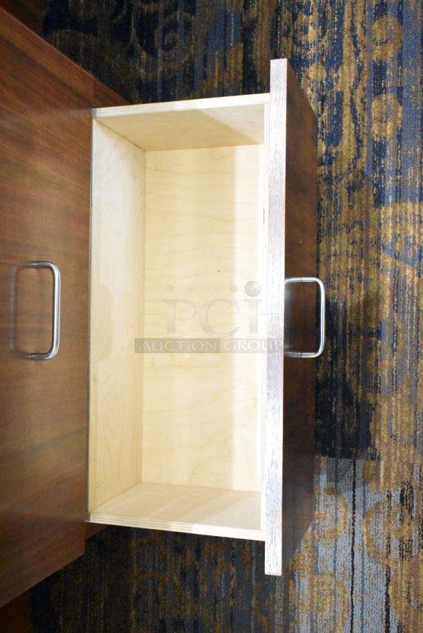 Lighted wooden jewelry merchandising display case open drawer, metal handle, light wood interior, excellent condition.