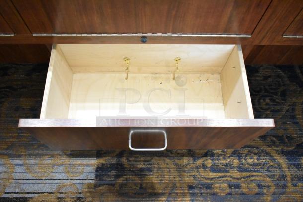 Lighted wooden jewelry display case with two drawers, open view showing inside, metal handle, used condition.