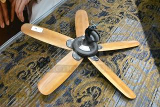 48-ATR ceiling mount fan with 5 wooden blades, black metal fixture, 120V, 1 phase. Slight wear, auction tag marked "29".