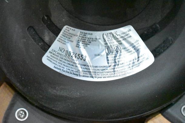 Ceiling Mount Fan, Model 48-ATR, 5 blades, 120V, 1 phase, label indicates damp location suitability, UPC: 82392517489.