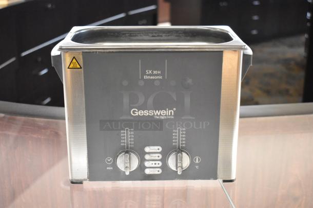 Gesswein Elmasonic S30H Ultrasonic Jewelry Cleaner, 115-120V, 1 Phase, gray finish, dual control dials, warning label visible.
