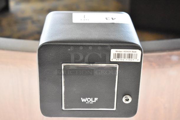 Wolf Windsor M2.5 Single Winder 4524029, black leather, chrome accents, excellent condition, branded logo, barcode tag attached.