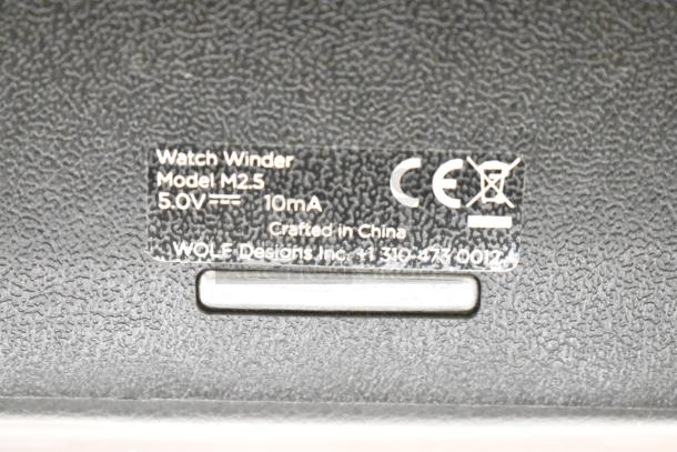 Wolf Windsor M2.5 Single Watch Winder model 4524029. Black finish, 5.0V, 10mA. Crafted in China. CE marked.