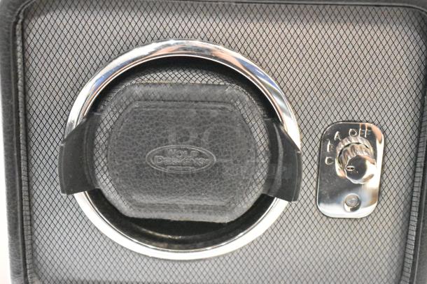 Wolf Windsor M2.5 Single Winder 4524029 with chrome accents, black leather center, and control knob for settings A, B, C, and off.