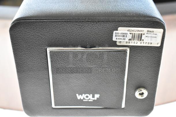 Wolf M2.5 Single Winder 4524029MAY in black leather, excellent condition, $309 tag visible, model details on label.