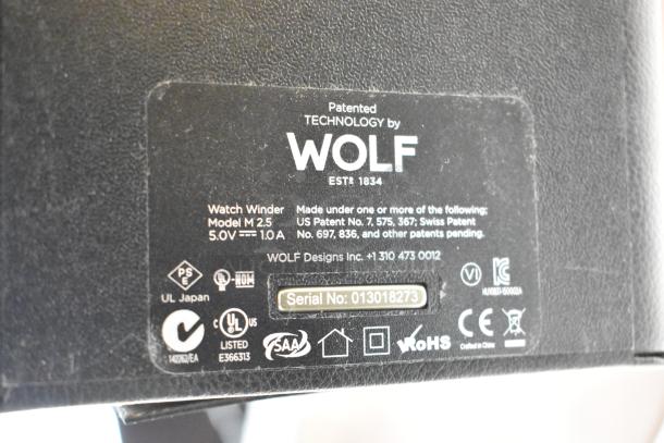 Wolf M2.5 Single Winder 4524029MAY, Model M2.5, 5.0V, 1.0A. Features branding, patents, and serial number: 013018273.