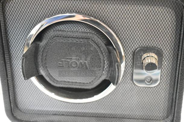 Wolf M2.5 Single Winder 4524029MAY, black leather with chrome accents, dial showing settings A, B, C, and off.