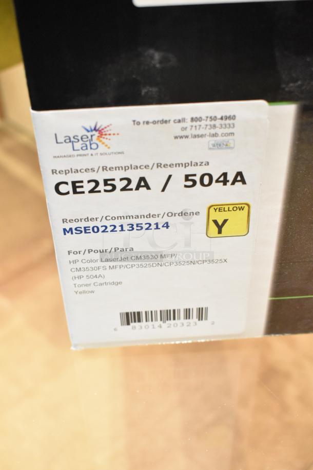 Yellow LaserLab CE252A / 504A toner cartridge for HP Color LaserJet CM3530, unopened with barcode and reorder info.
