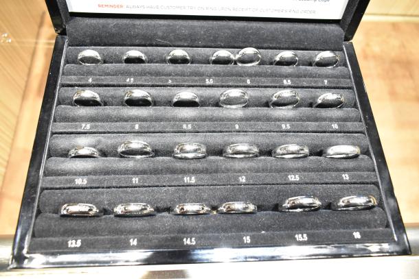 Frederick Goldman ring sizing kit in Art Carved case, sizes 4-16 including half sizes, displayed in excellent condition.