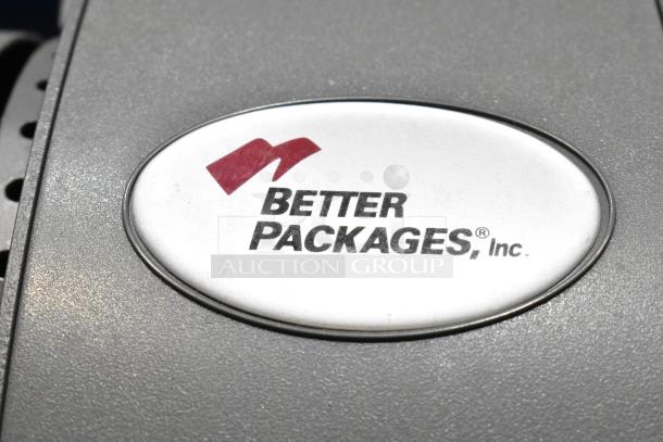 Better Packages 333 Plus manual kraft tape dispenser, gray, close-up of logo, excellent condition.