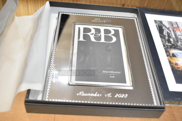 Reed & Barton 4x6 silver photo frame with decorative border, personalized with "Zie" and "November 16, 2023". Part of 14-item lot.