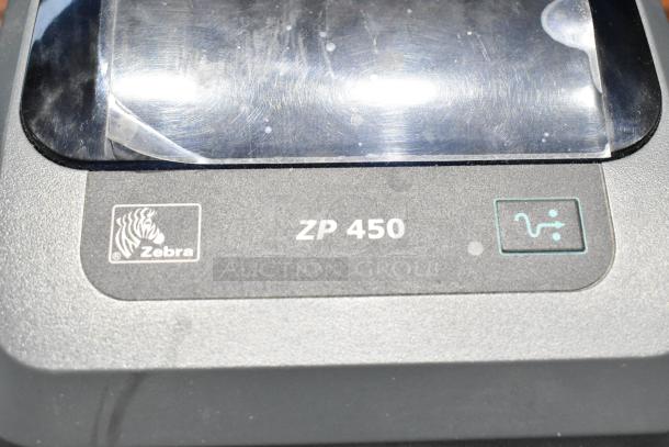 Zebra ZP 450 Label Thermal Printer, showing logo and model number. Used condition with some visible wear.