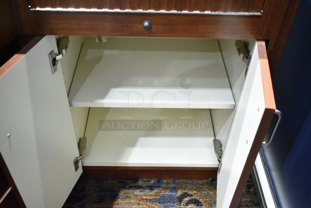 Wooden corner lighted jewelry case, features 2 rear doors, 3 drawers, excellent condition, removable with tools.