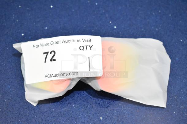 Brand new golden framed sunglasses with orange lenses in packaging, auction tag visible with "72" and "PCIAuctions.com".