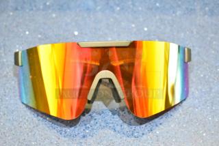 Brand new tan framed sunglasses with vibrant orange lens, reflective finish, and sleek design.