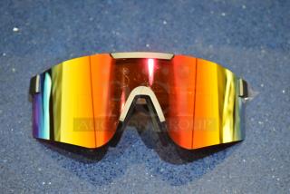 Brand new tan framed sunglasses with reflective orange lens, full wrap style, pristine condition, no visible markings.